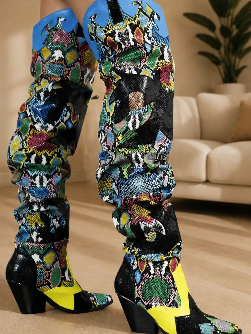 Gorgeous Statement Multicolor Snake-Print Slouchy Western over the knee boots.👢